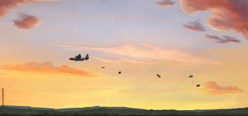 Airplane releases parachutists at sunset
