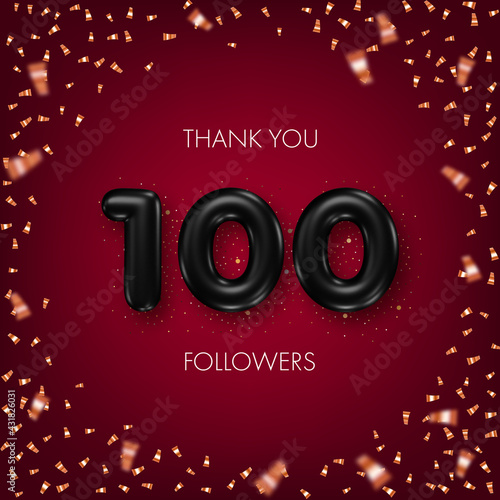 Thank you followers. Social media achievement poster with black 3d numbers and confetti on dark red background