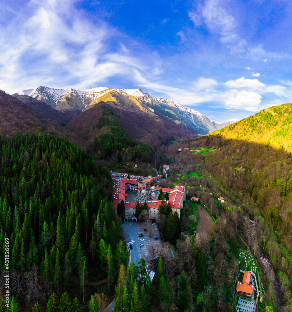 Rila Monastery in Beautiful spring day aerial drone shot Bulgaria