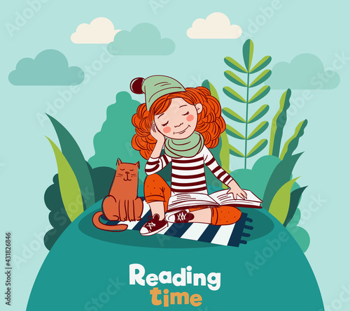 Cute girl with cat in the garden. Girl reads a book. Nature landscape background. Summer holidays illustration. Vacation time