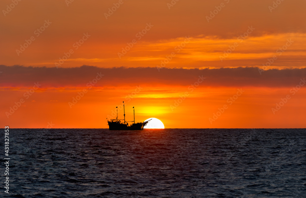 Sunset Pirate Ship Ocean Fantasy