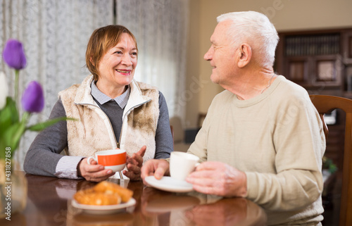 Portrait of elderly couple sitting at table and drinking tea. High quality photo