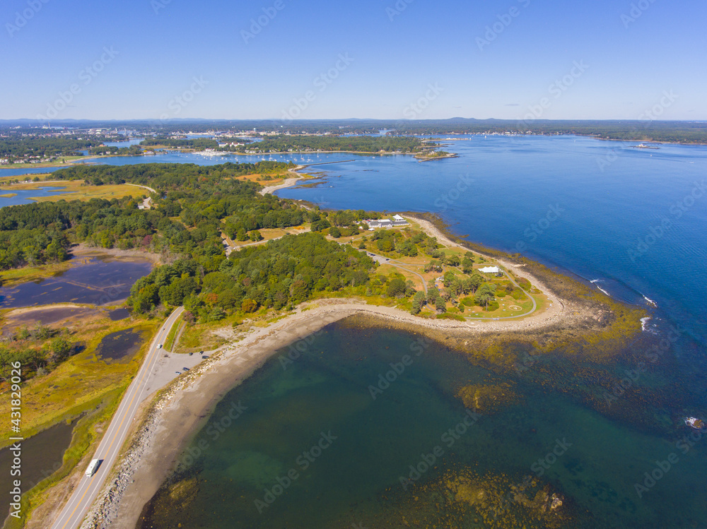 Fototapeta premium Odiorne Point and coast aerial view in summer in Odiorne Point State Park in town of Rye, New Hampshire NH, USA. 