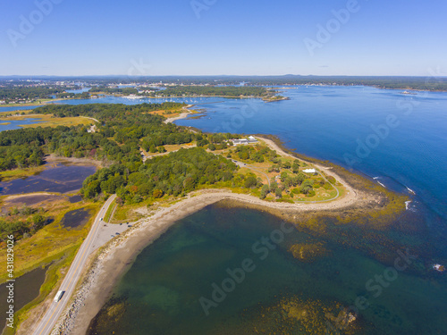 Odiorne Point and coast aerial view in summer in Odiorne Point State Park in town of Rye, New Hampshire NH, USA.  photo