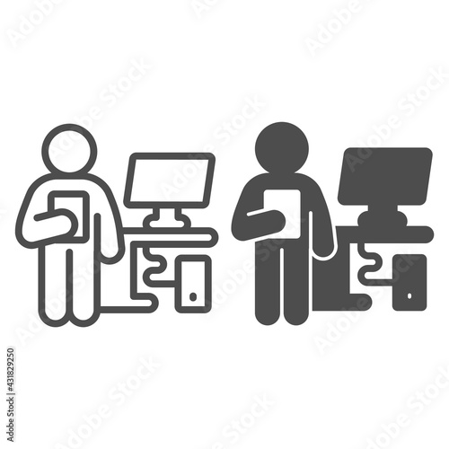 Service center manager line and solid icon, pcrepair concept, service manager vector sign on white background, man and computer desk outline style for mobile concept and web design. Vector graphics. photo