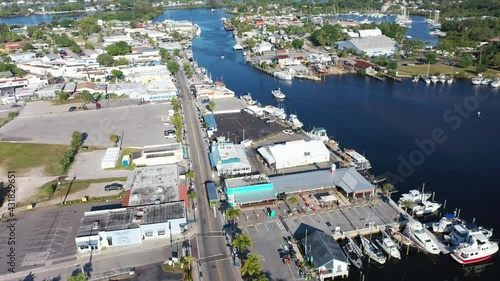 Low flyover in Tarpon Springs at Sponge Docks in gulf coast Florida
