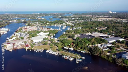The famous Sponge Docks aerial views from a drone in Tarpon Springs, Florida