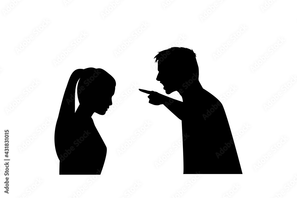 Silhouettes of couple quarreling on white background, angry couple silhouette