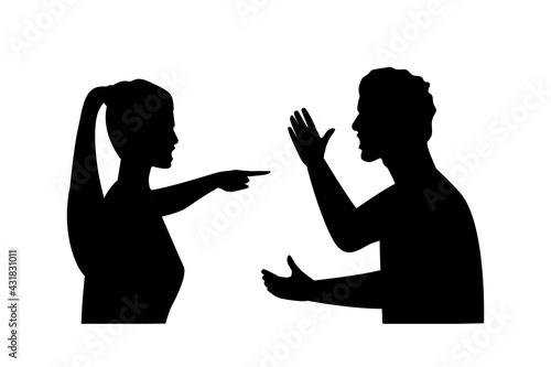 Silhouettes of couple quarreling on white background, angry couple silhouette