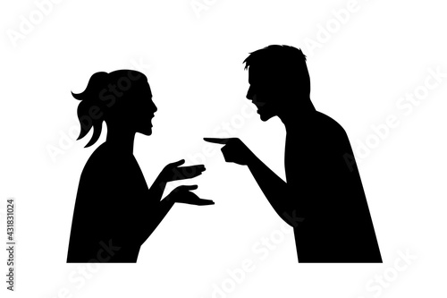 Silhouettes of couple quarreling on white background, angry couple silhouette