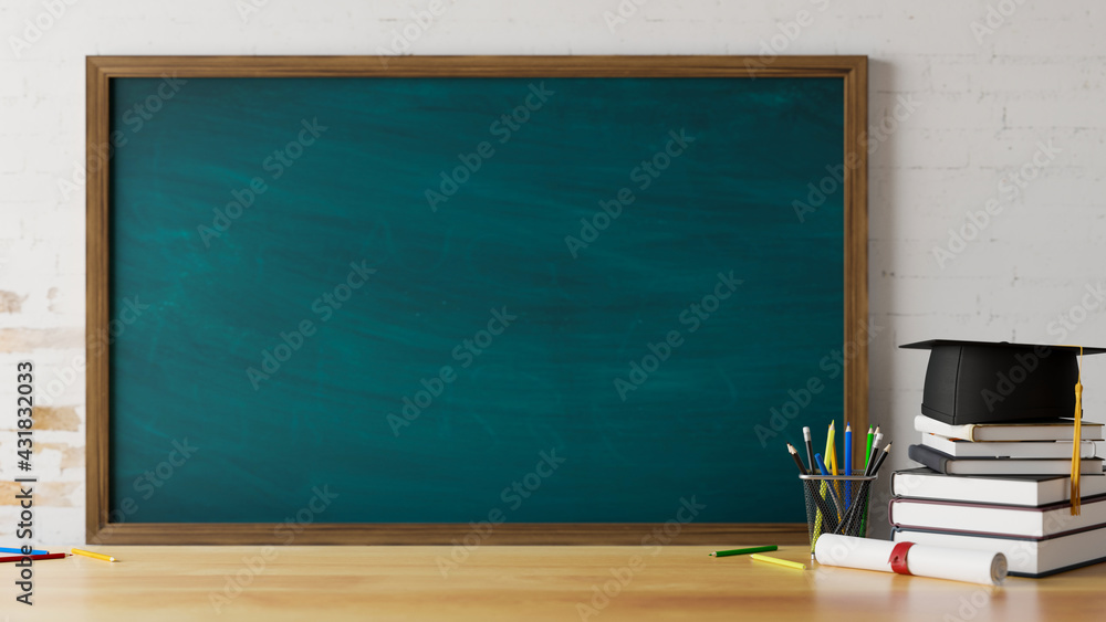 3D rendering, education concept, study table with stationery, books ...