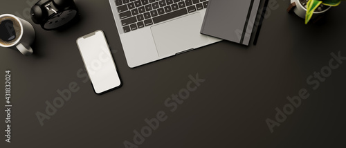 Top view, 3D rendering, dark creative flat lay workspace with smartphone, laptop, notebook, supplies and copy space