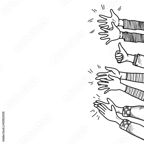 hand drawn of hands clapping ovation. applause, thumbs up gesture on doodle style. vector illustration