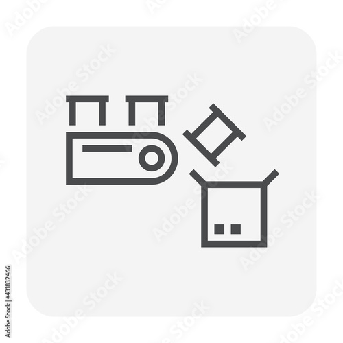 Manufacturing production or food process industry vector icon consist of can product falling in cardboard box, machine equipment, automation technology. Editable stroke.