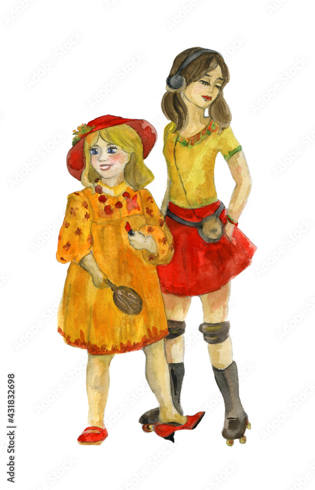 Two girls. Watercolor. Cartoon girls watercolor for wallpaper design. Cute watercolor background.  wallpaper illustration. design. Poster design. Pink girls watercolor in beautiful style