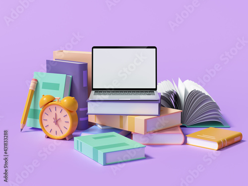 Online education, E-learning concept. laptop on top of stacks of book, online video training via computer laptop. 3d render illustration photo
