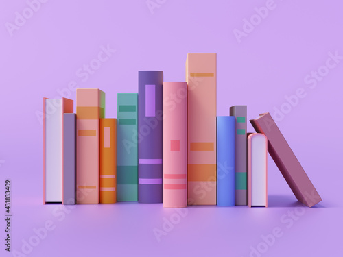 3d render of colorful books collection on purple background photo