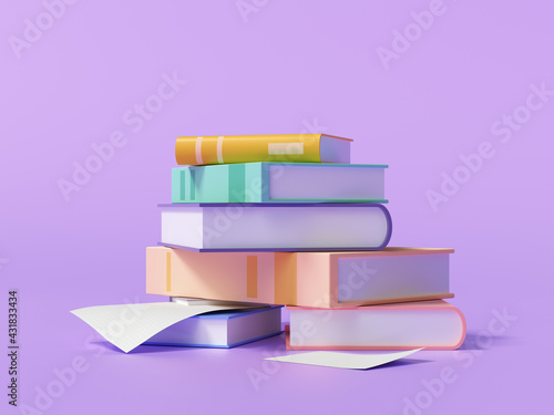 3d render stack of books and paper on purple background