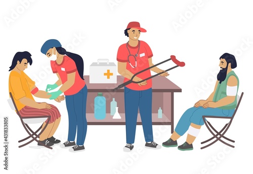 Volunteers providing medical assistance to homeless people, flat vector illustration. Care for homeless, volunteering.