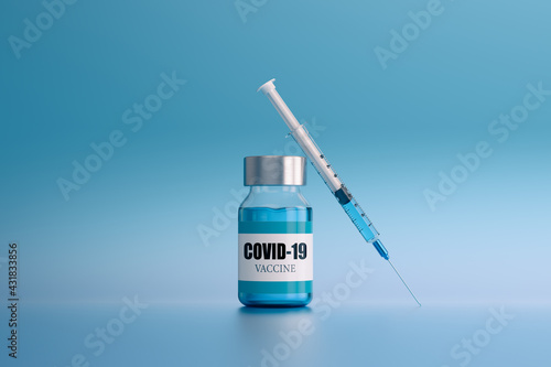 Covid 19 Vaccine ampoule and syringe, Coronavirus vaccine treatment on light blue background. 3d render illustration