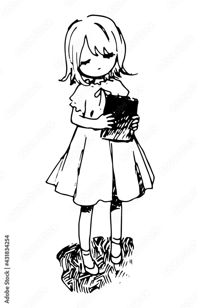 Fototapeta premium 本を持つ女の子のイラスト ペン画 落書き