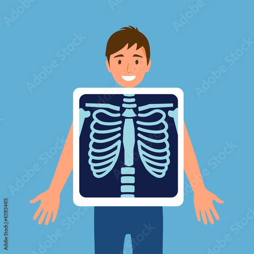 Man patient with chest Xray radiology in flat design. Chest rib skeleton in medical X-ray film.