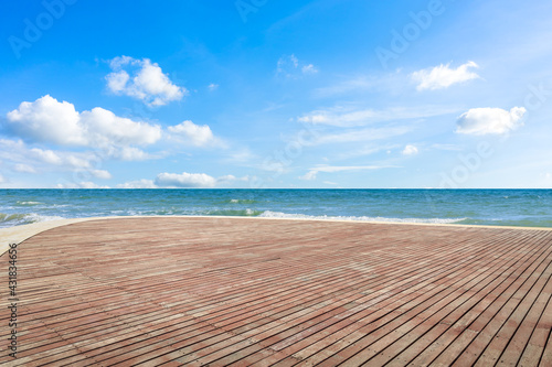 Empty wooden square and sea landscape.