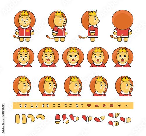 Cute lion king creation kit. Create your own pose, action, animation. Modern vector illustration