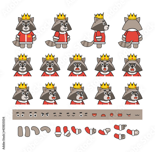 Cute raccoon king creation kit. Create your own action or animation. Modern vector illustration bundle