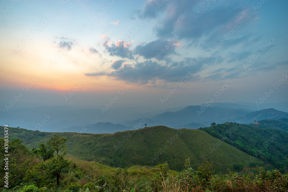 Fototapeta premium Beautiful scenic hilltops of Chang Seuk hillside at Pilok, Kanchanaburi province, Thailand.