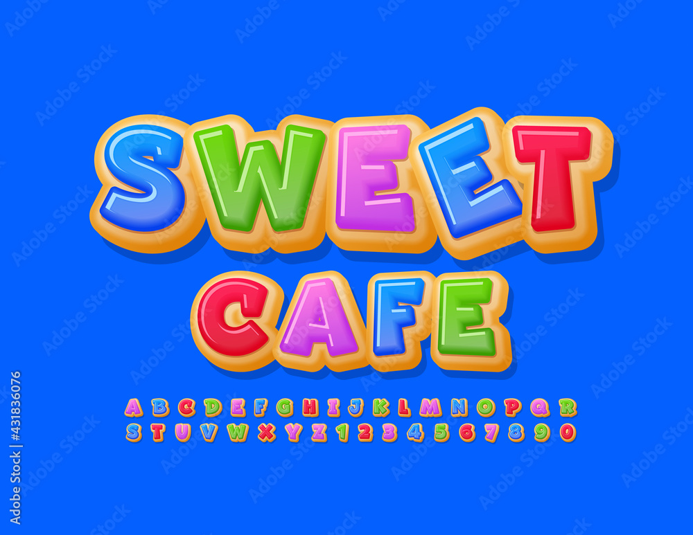 Vector Colorful Sign Sweet Cafe. Bright Original Font. Delicious Donut Alphabet Letters and Numbers