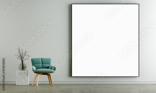 Fototapeta Naklejka Na Ścianę i Meble -  Modern cozy mock up and decoration furniture of living room and empty canvas frame on the white wall texture background, 3D rendering