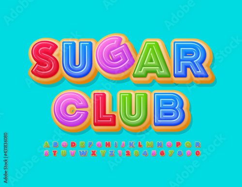 Vector tasty sign Suar Club. Creative colorful Font. Donut sweet Alphabet Letters and Numbers set