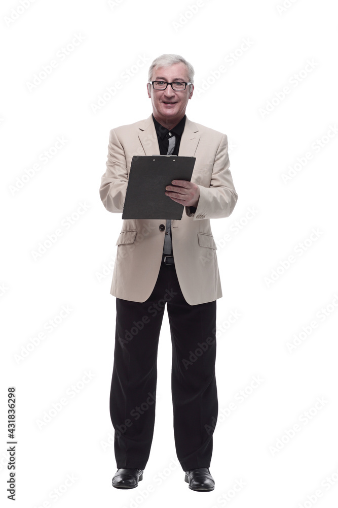in full growth. Mature intelligent man with a clipboard. in full growth. Mature intelligent man with a clipboard.