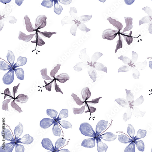 Azure Tropical Background. Cobalt Seamless Design. Navy Pattern Foliage. Gray Flower Painting. Indigo Spring Palm. White Flora Hibiscus. Blue Decoration Foliage. © Surendra