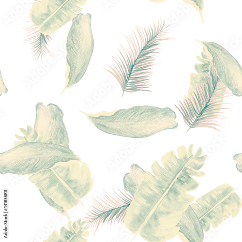White Tropical Painting. Gray Seamless Textile. Pattern Textile. Drawing Leaf. Isolated Leaf. Banana Leaves. Floral Plant. Flora Texture. Spring Exotic.