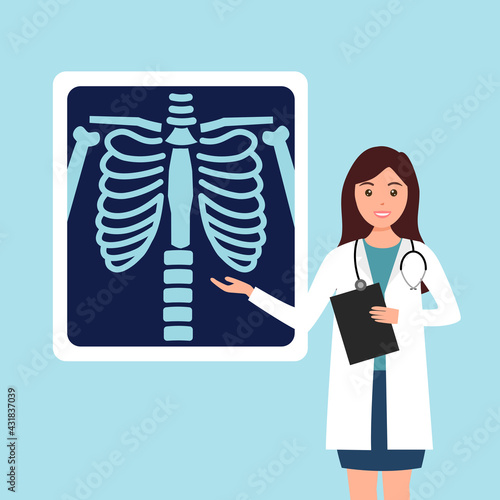 Doctor with chest Xray radiology film in flat design. Chest rib skeleton in medical X-ray film.