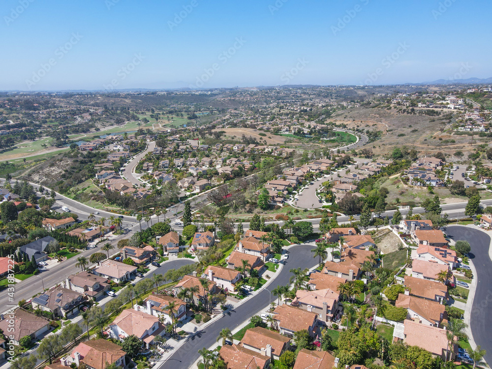 Aerial view of middle class big villas in Carlsbad valley, North County San Diego, California, USA.
