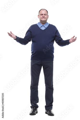 full-length. mature man in a blue jumper.