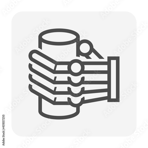 Robot hand grabbing drinking glass vector icon. May called automated machine, industrial equipment or technology for manufacturing production. Concept for robotic, futuristic, engineering and industry