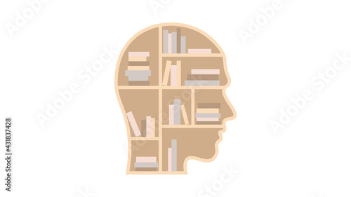 A bookshelf in the form of a head in profile, symbolizing thoughts in order. Order in thoughts vector design