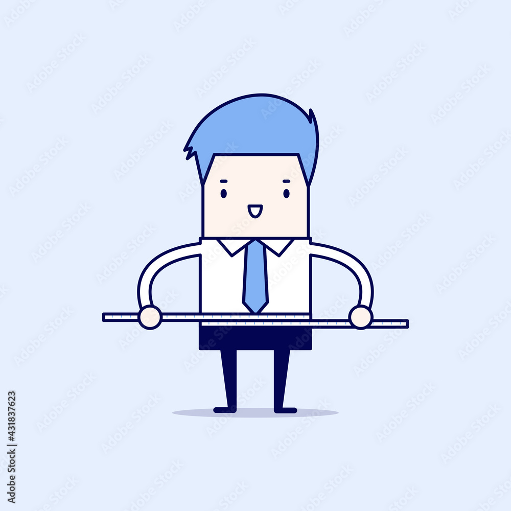 Businessman measuring his waist with measure tape. Cartoon character thin line style vector.