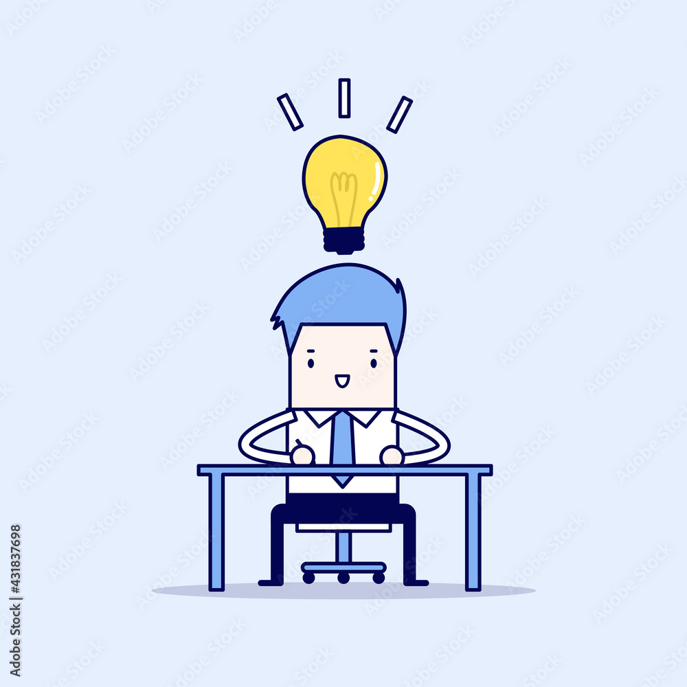 Businessman sketch his work on paper with light bulb ideas. Cartoon character thin line style vector.