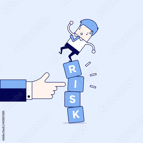 Businessman standing on shaky risk blocks by hand of manager. Cartoon character thin line style vector.