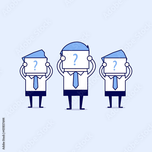 Businessman hold signs with question marks, as yet unable to determine who they are. Cartoon character thin line style vector.