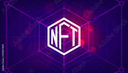 NFT symbol non fungible token on purple background. Pay for unique collectibles in games or art. Simple futuristic modern geometric connection line background.