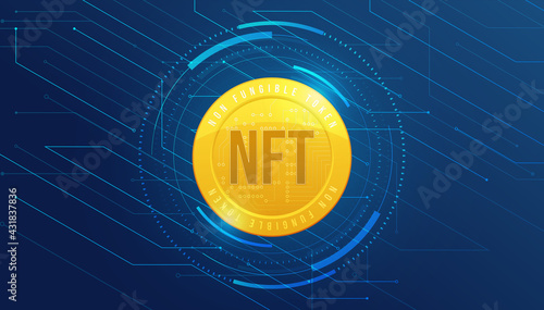 Gold coin NFT non fungible token on dark blue background. Pay for unique collectibles in games or art. Simple futuristic modern geometric connection line background.