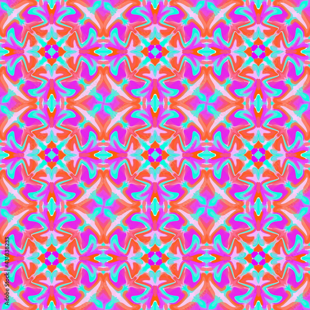 Abstract kaleidoscope background. Colorful seamless patterns. Geometric design elements. Repeat Tie Dye. Ethnic Persian Motif. Rainbow wallpaper, fabric, furniture print. Psychedelic style.