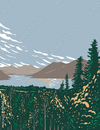 WPA Poster Art of Skilak Lake on the Kenai Peninsula fed by meltwater from Skilak Glacier located in Kenai Fjords National Park in Alaska done in works project administration style.