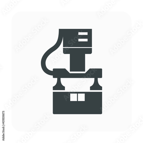 Robot hand, arm grabbing cardboard boxes for product packaging vector icon. Automation machine and engineering technology for industry process in factory. Concept of storage, production, manufacturing
